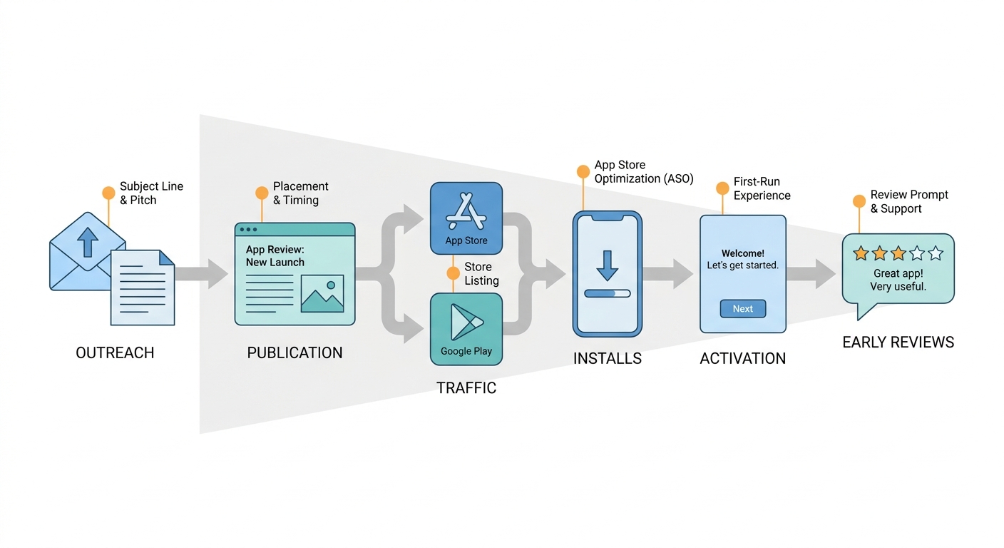 Workflow diagram showing outreach, publication, store visits, installs, and early reviews.