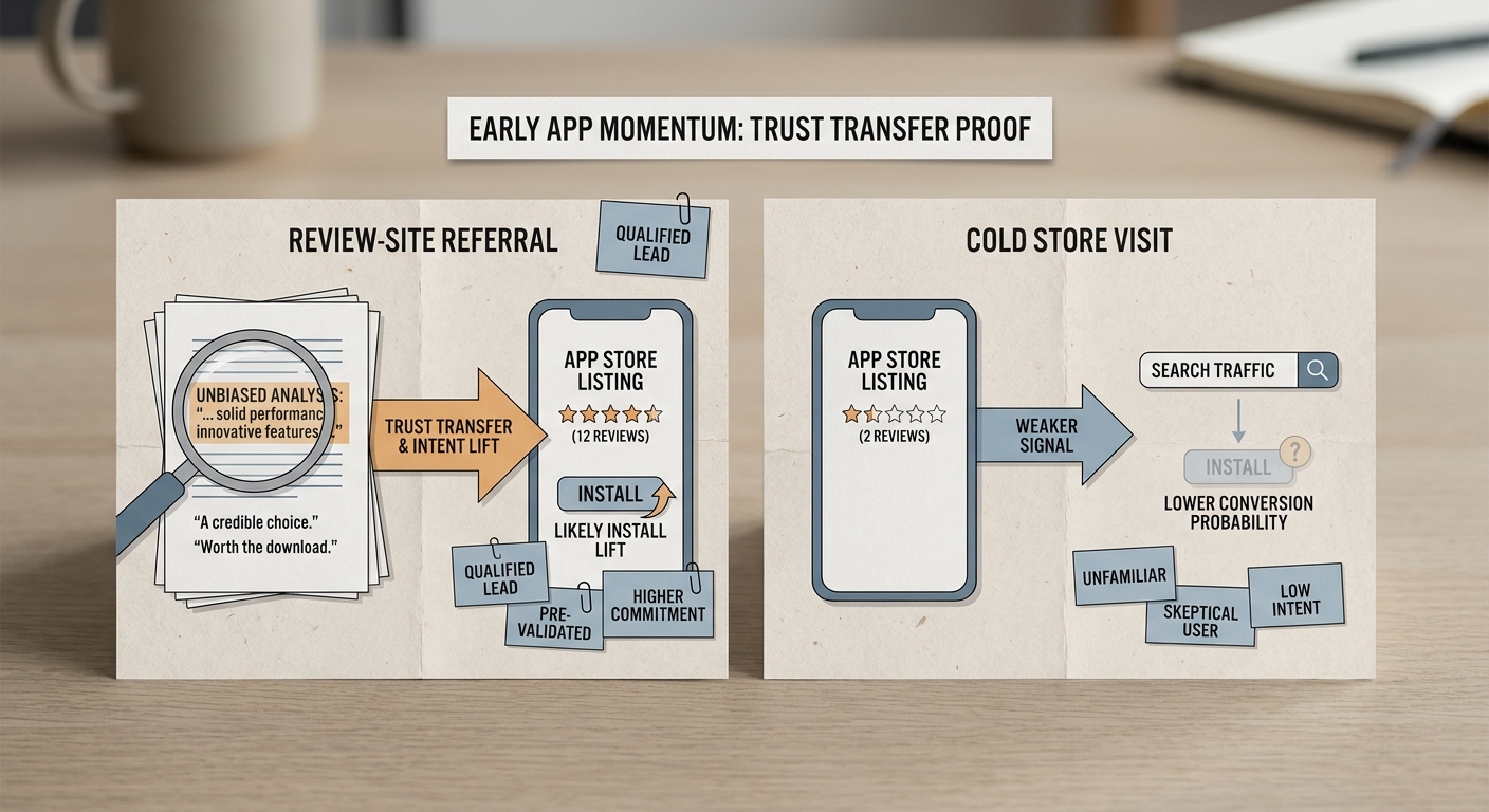 Comparison callout showing review-site traffic versus direct store traffic for early app downloads.