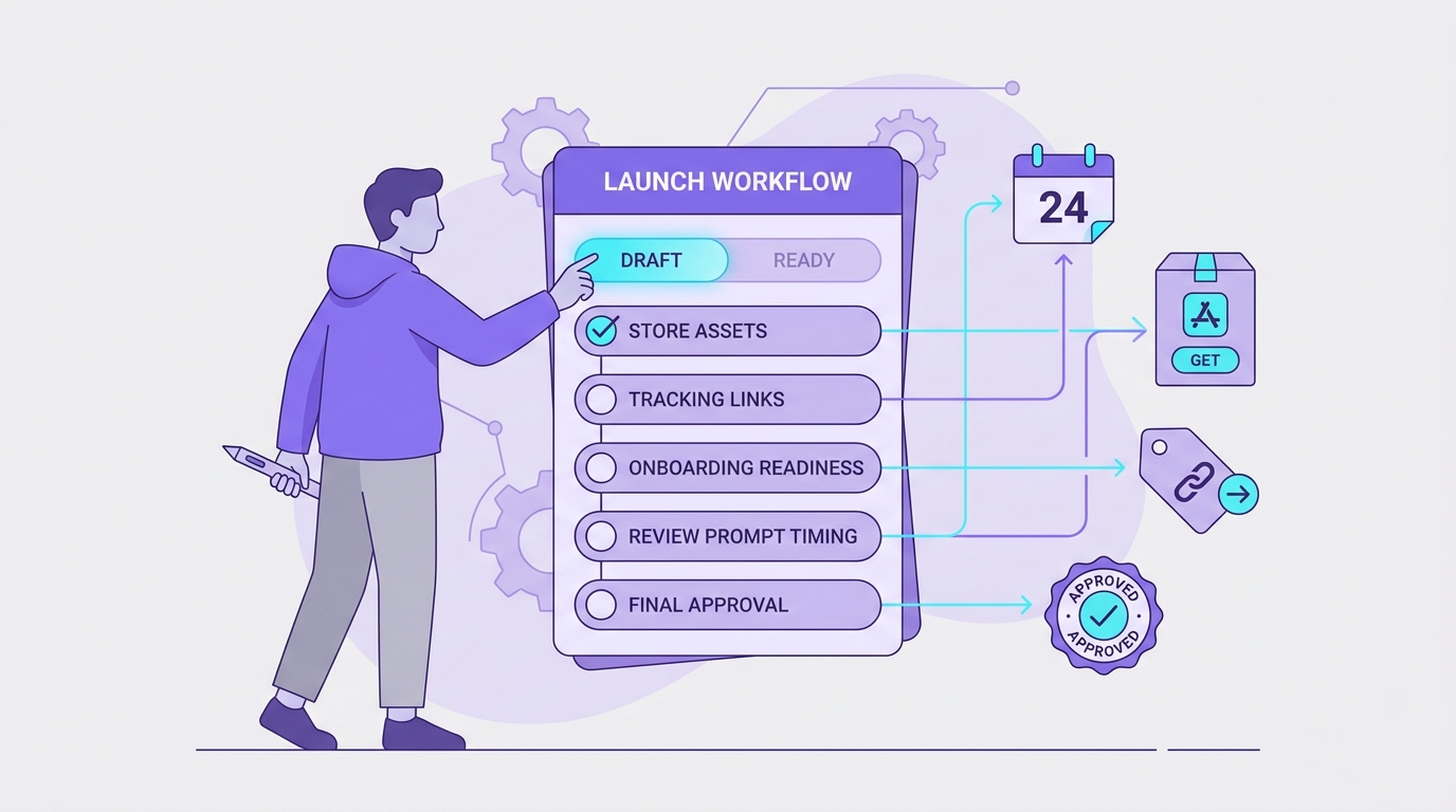An editorial workflow graphic shows a founder and marketer moving through a simple launch sequence: a brief, a checklist, a campaign calendar, and a final approval stamp, connected by thin arrows in deep violet and lavender with a cyan highlight on the active step.