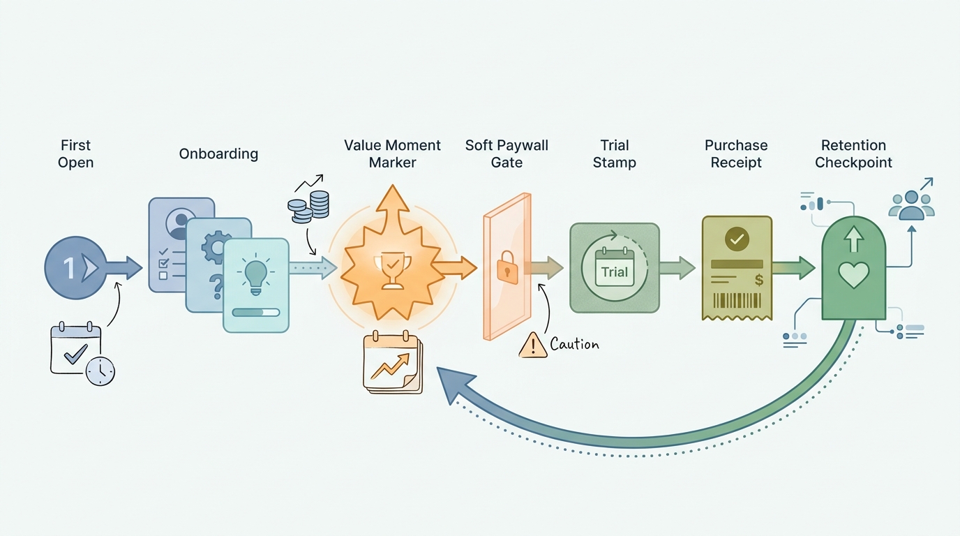 A workflow diagram showing onboarding, value moment, paywall, trial, purchase, and retention checkpoint for an app monetization funnel.
