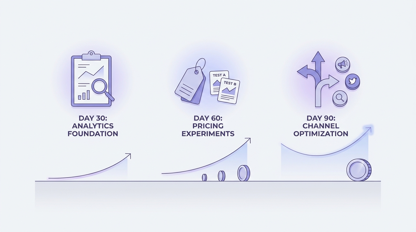 A 30-60-90 day timeline showing analytics setup, pricing tests, and acquisition channel adjustments leading to improved profitability.