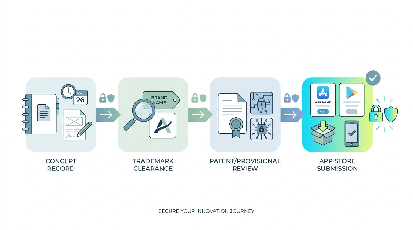 Workflow diagram for protecting an app idea before launch: document, clear name, assess patent, then publish.
