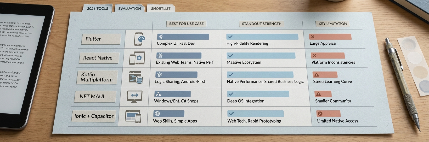 Comparison table of top cross-platform app development tools for 2026 with best-for use cases and tradeoffs.