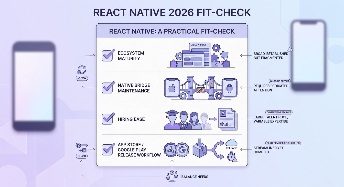 Checklist for evaluating React Native as a cross-platform app development tool in 2026.