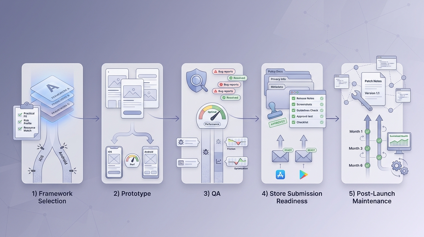 Timeline of choosing a cross-platform framework, testing it, preparing app store submissions, and maintaining releases.