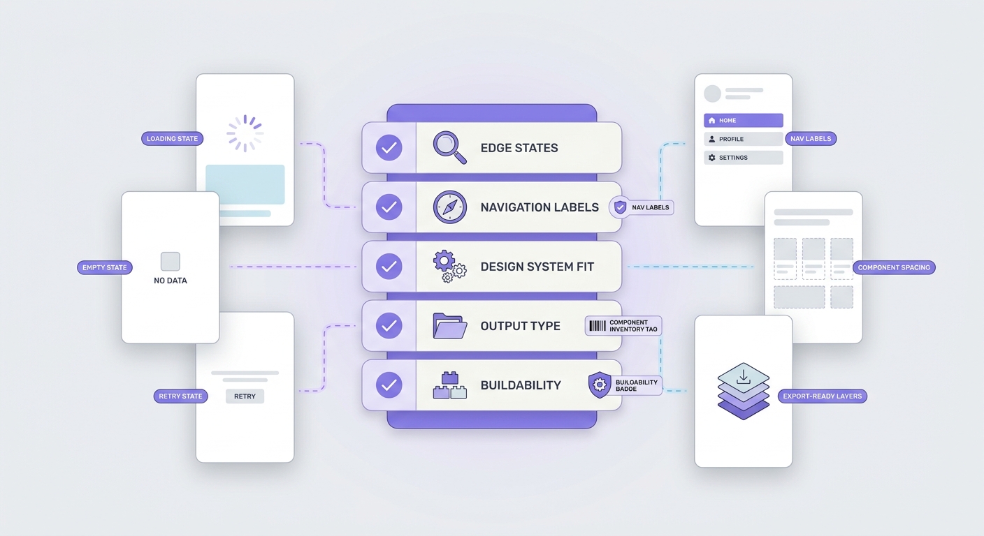 Checklist for reviewing AI-generated app screens before handing them to engineering.