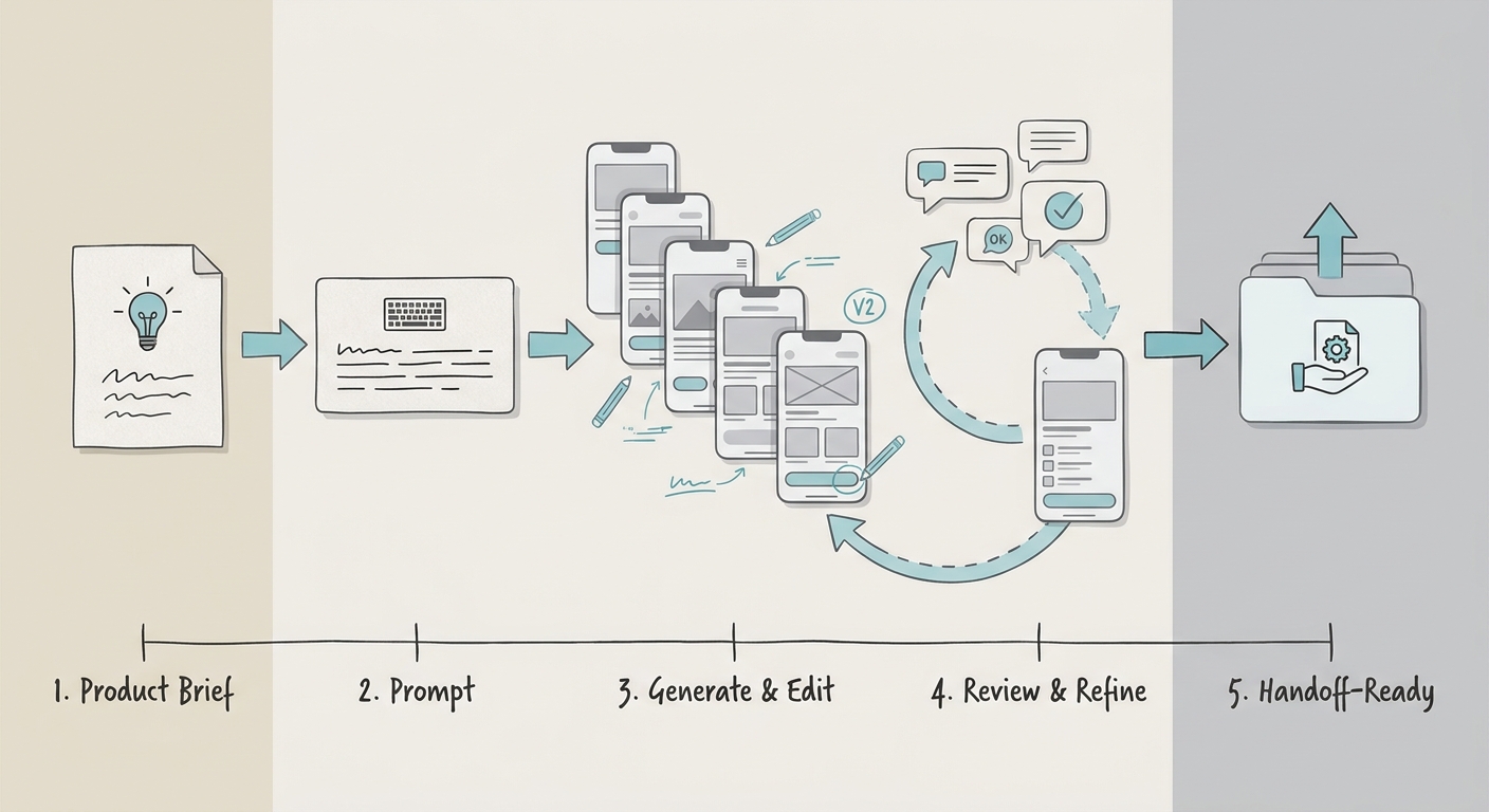 Process diagram for turning a product brief into mobile app screens with an AI design tool.