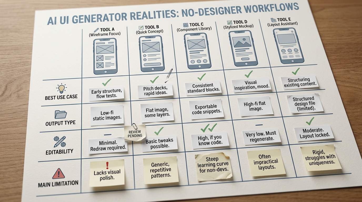 Comparison table of five AI tools for generating app UI, showing best use case, editable output, and tradeoffs for each.