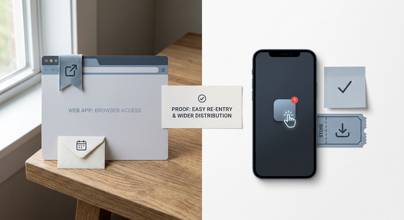 Callout comparing web app and converted mobile app benefits such as installs, push notifications, and home-screen access.