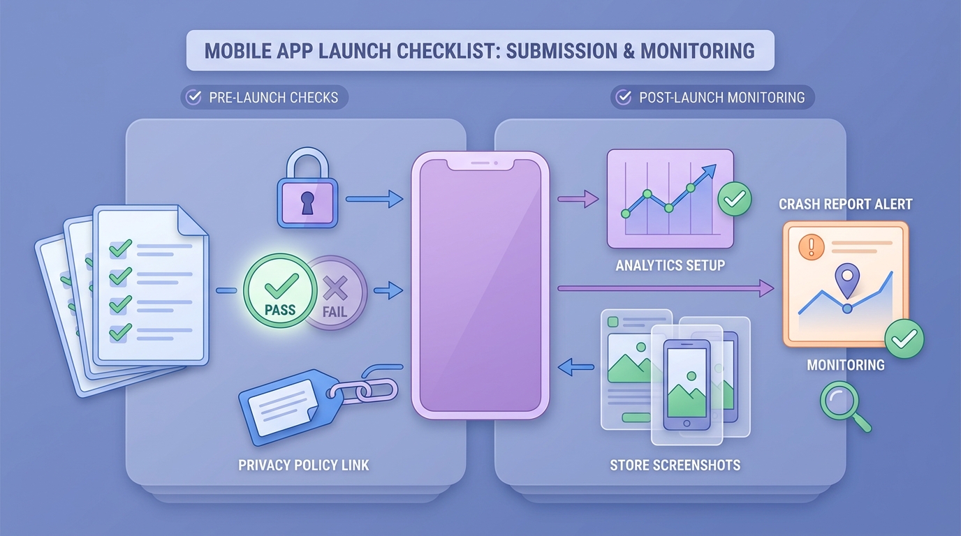Checklist for pre-launch mobile app submission and post-launch monitoring after converting a web app.
