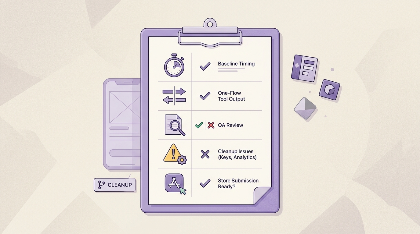 Checklist for testing a vibe coding tool with baseline timing, one-flow comparison, QA review, and store submission readiness.