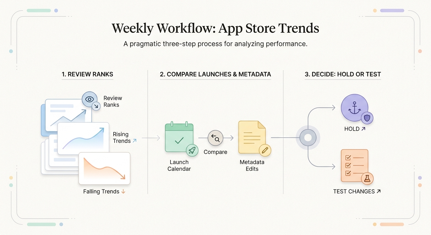 A three-step workflow diagram for reacting to App Store trend changes with review, comparison, and test decisions.