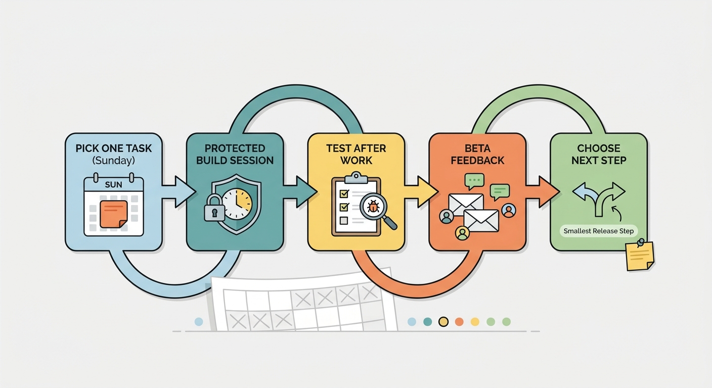 Process diagram of a weekly build-test-feedback-release loop for an app side project.