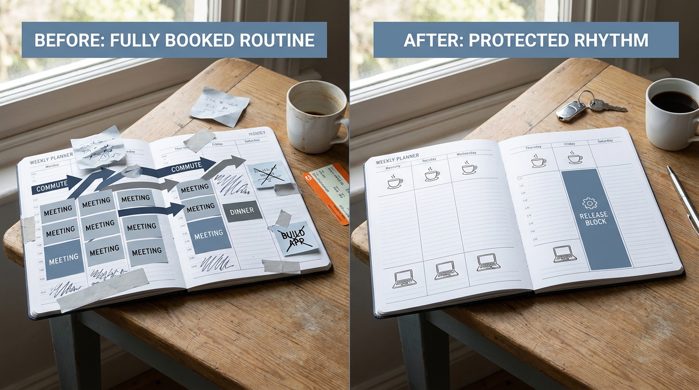 Before-and-after schedule card showing no build time versus protected app-building blocks around a full-time job.