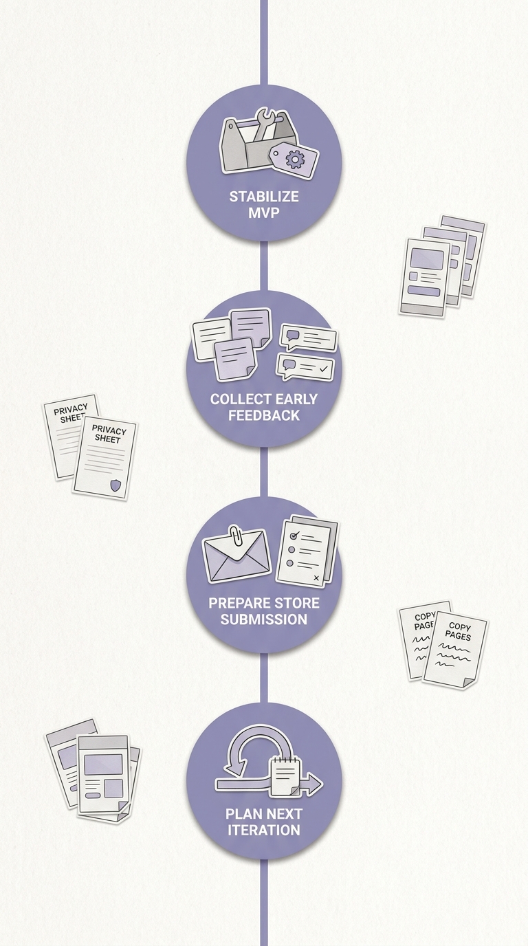 Timeline of the next app milestones from MVP stabilization to store submission and iteration.