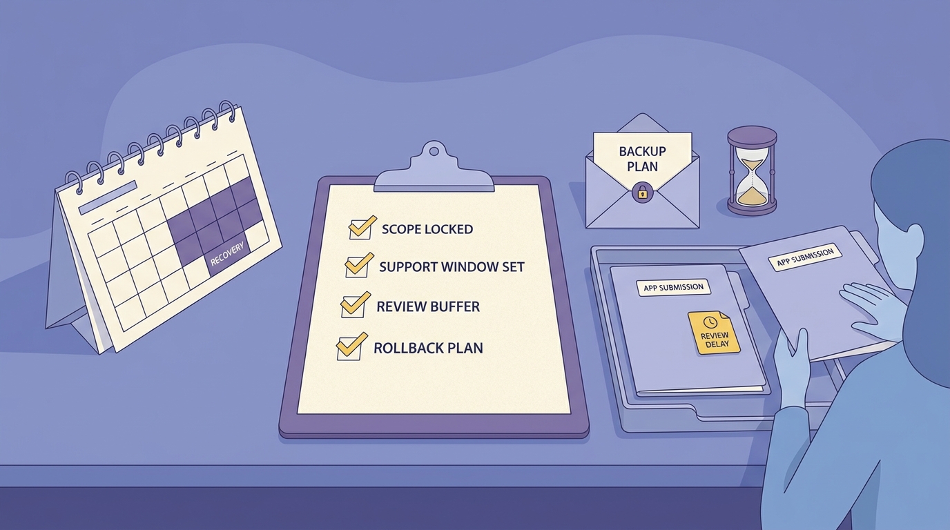 A pre-release checklist for solo app developers that includes scope control, support windows, review time, and backup plans.