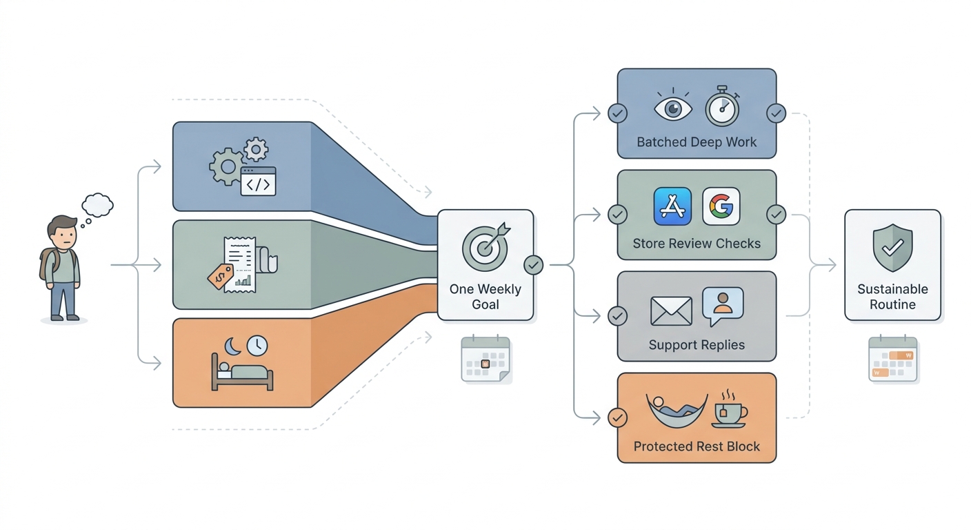 A process diagram showing a solo app developer's weekly routine with one goal, batched work lanes, and scheduled review time.