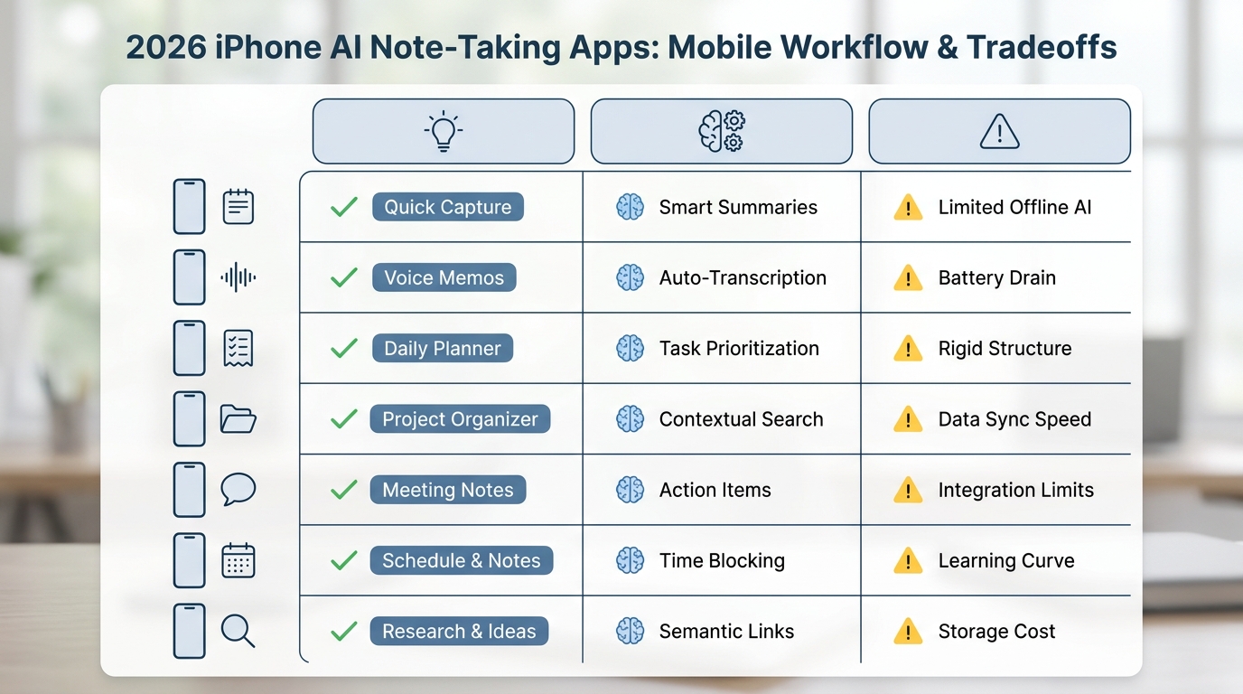 Comparison table of seven AI note-taking apps for iPhone with best use case, standout feature, and tradeoff Comparison table of seven AI note-taking apps for iPhone with best use case, standout feature, and tradeoff