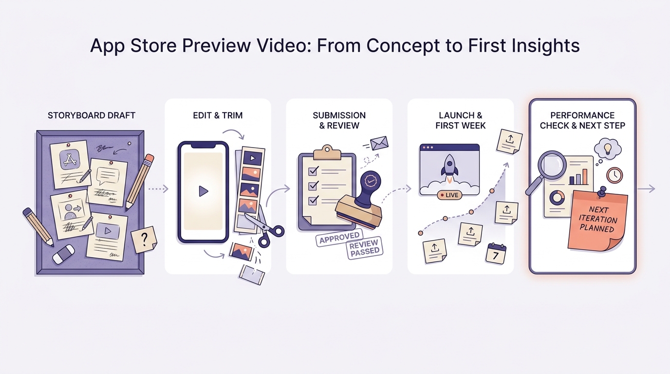 Timeline of creating and launching an App Store preview video, from storyboard to live results and next iteration.