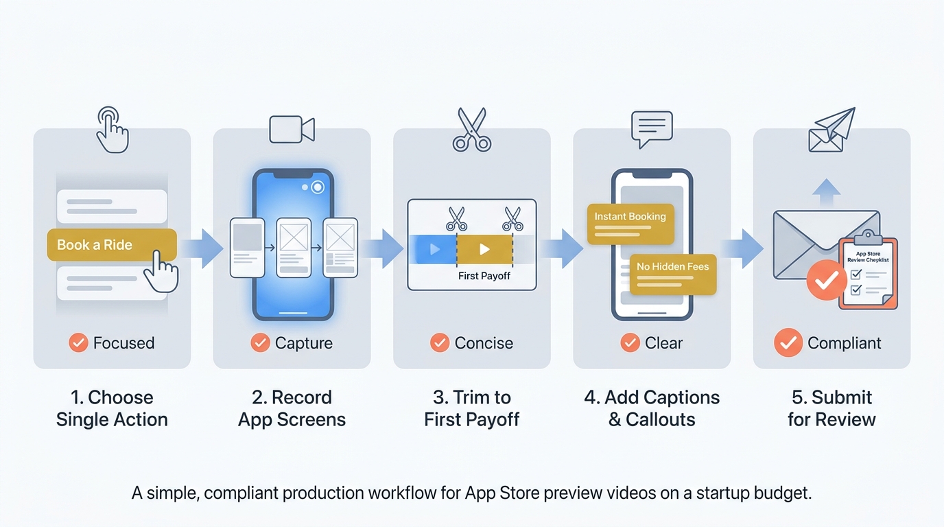 Process diagram showing the steps used to create an App Store preview video from story choice to submission.