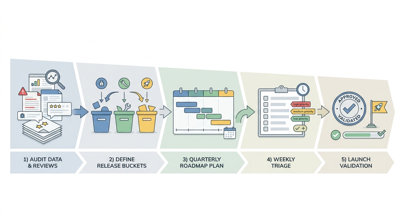 Process diagram showing the workflow for building an app update strategy from audit to roadmap to validation. Process diagram showing the workflow for building an app update strategy from audit to roadmap to validation.