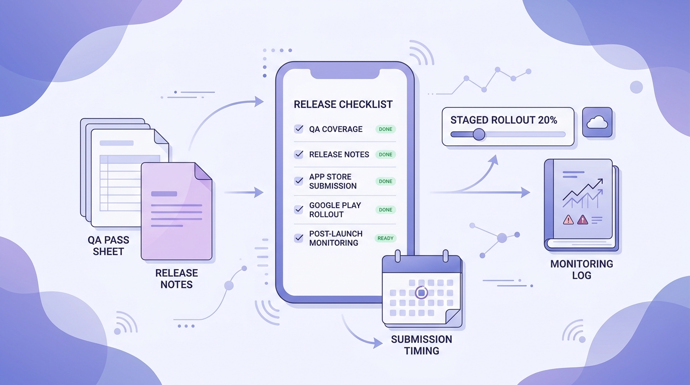 Checklist for app release readiness covering QA, submission timing, rollout settings, and monitoring after launch. Checklist for app release readiness covering QA, submission timing, rollout settings, and monitoring after launch.