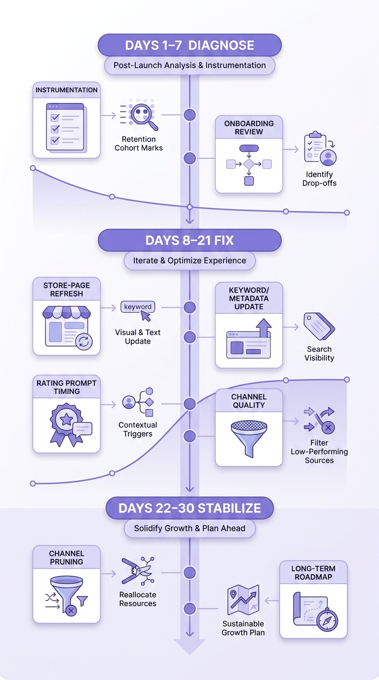 Timeline showing a 30-day plan after app launch with diagnosis in week one, fixes in weeks two and three, and stabilization by day 30.