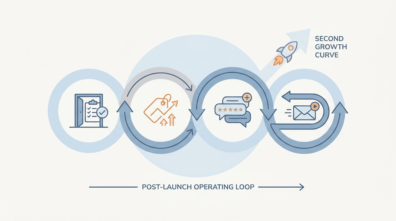 Process diagram linking activation improvements, App Store and Google Play optimization, reviews, and re-engagement into a growth loop.