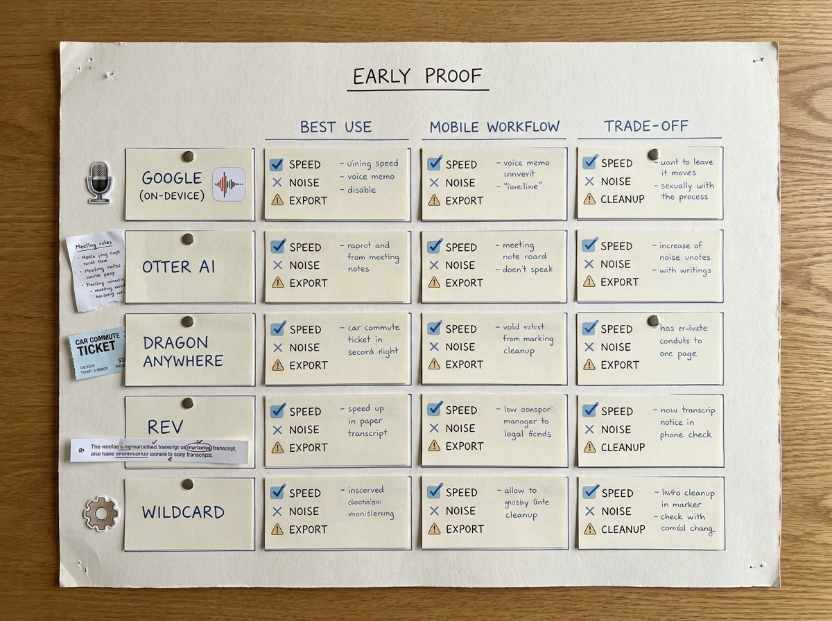 Comparison table of five voice-to-text apps for mobile professionals with columns for best use case, mobile strength, and tradeoff.