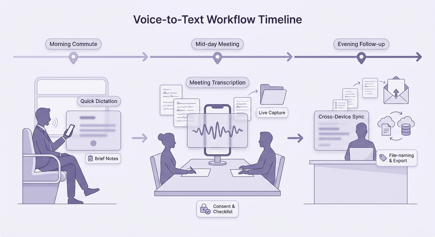 Timeline of a mobile professional's day showing when to use quick dictation, meeting transcription, and cross-device syncing.