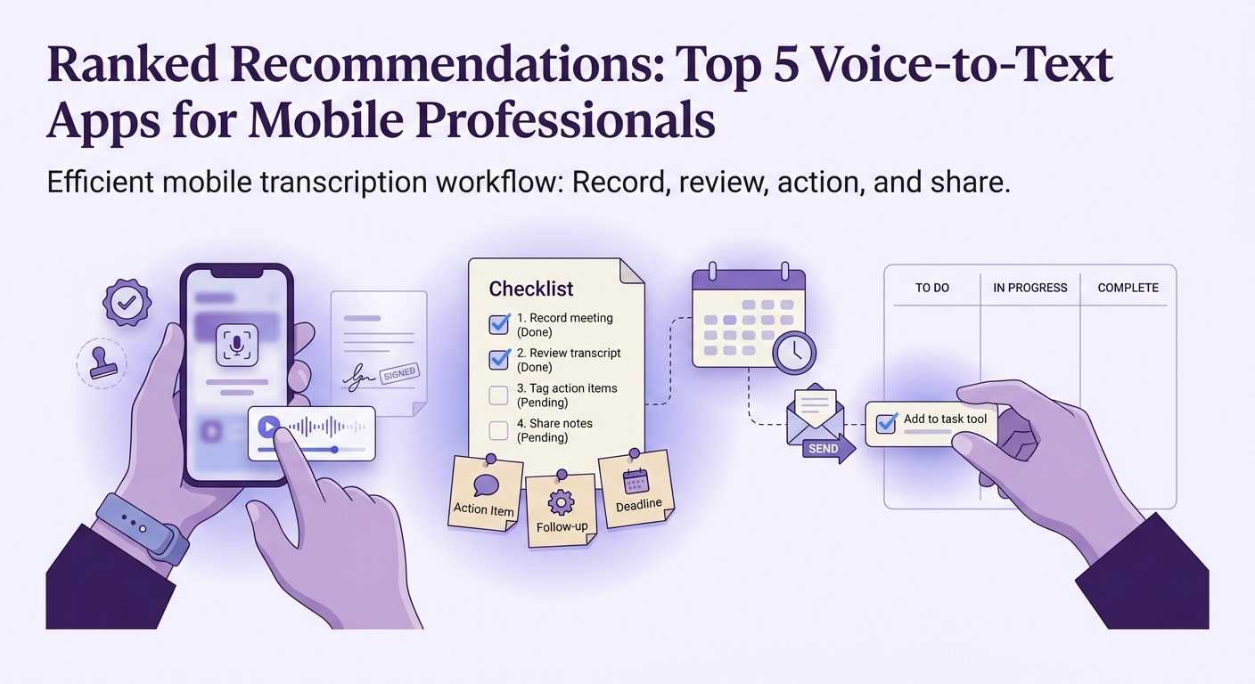 Checklist for recording a meeting on mobile, reviewing the transcript, extracting action items, and sharing notes.