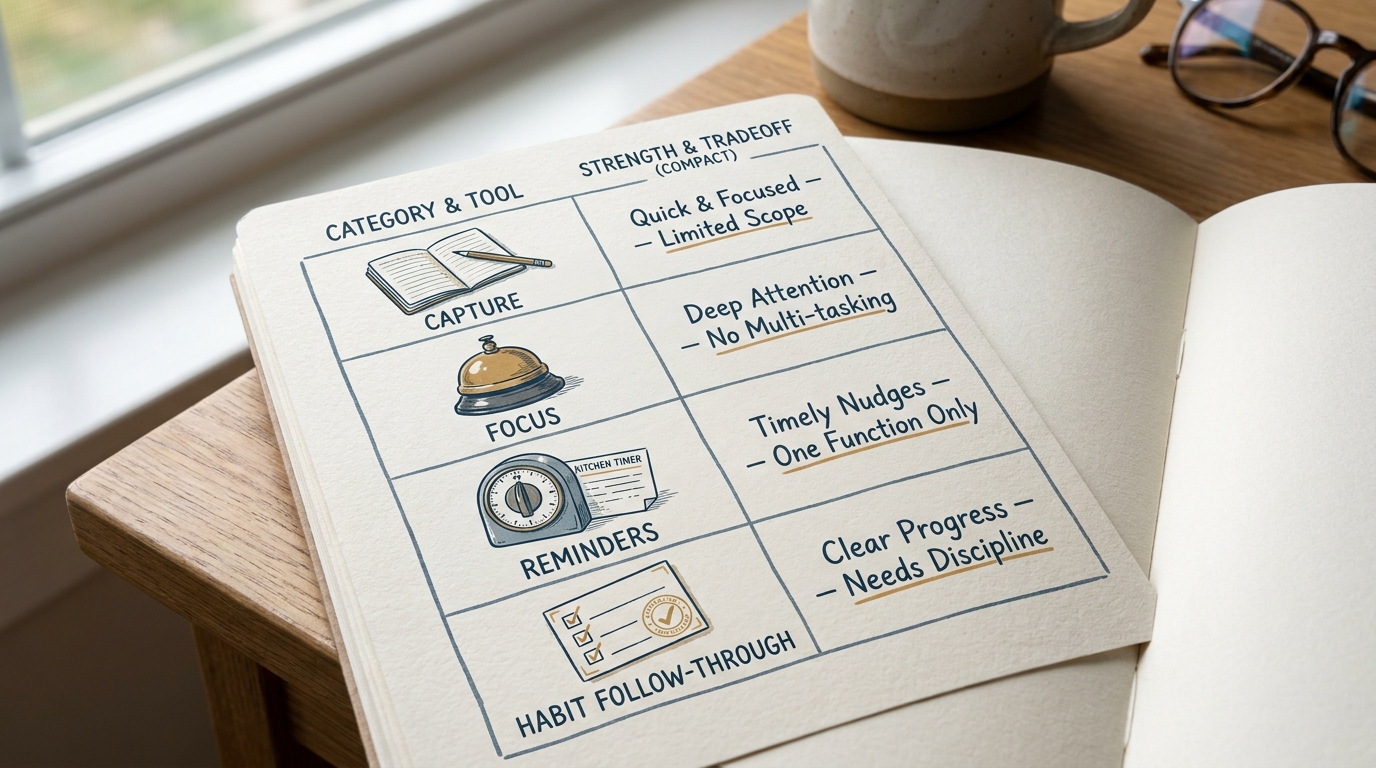 Comparison table of single-purpose app categories for capture, focus, reminders, and follow-through in 2026. Comparison table of single-purpose app categories for capture, focus, reminders, and follow-through in 2026.