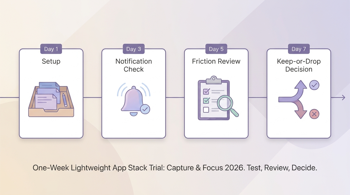 One-week timeline for testing two single-purpose apps together before deciding whether to keep the stack. One-week timeline for testing two single-purpose apps together before deciding whether to keep the stack.