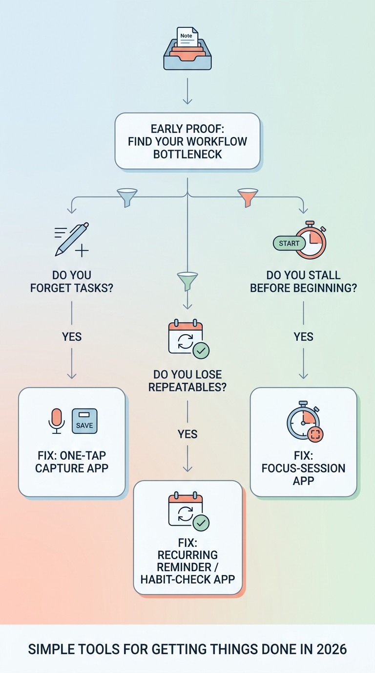 Decision flow for choosing a single-purpose app based on whether the workflow breaks at capture, focus, or follow-through. Decision flow for choosing a single-purpose app based on whether the workflow breaks at capture, focus, or follow-through.