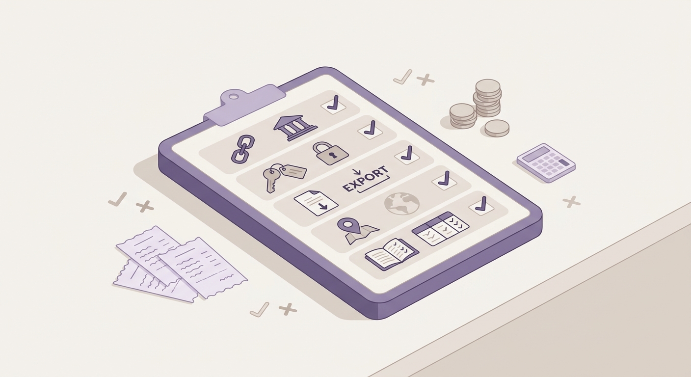 Checklist for choosing a finance app, including bank connections, permissions, exports, region support, and accounting compatibility.