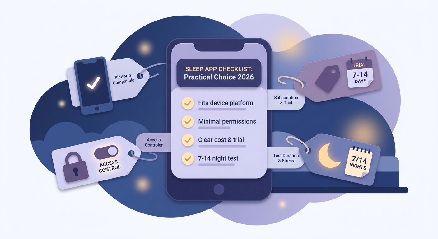 Checklist for choosing a sleep app based on device compatibility, permissions, subscription cost, and a two-week trial period. Checklist for choosing a sleep app based on device compatibility, permissions, subscription cost, and a two-week trial period.