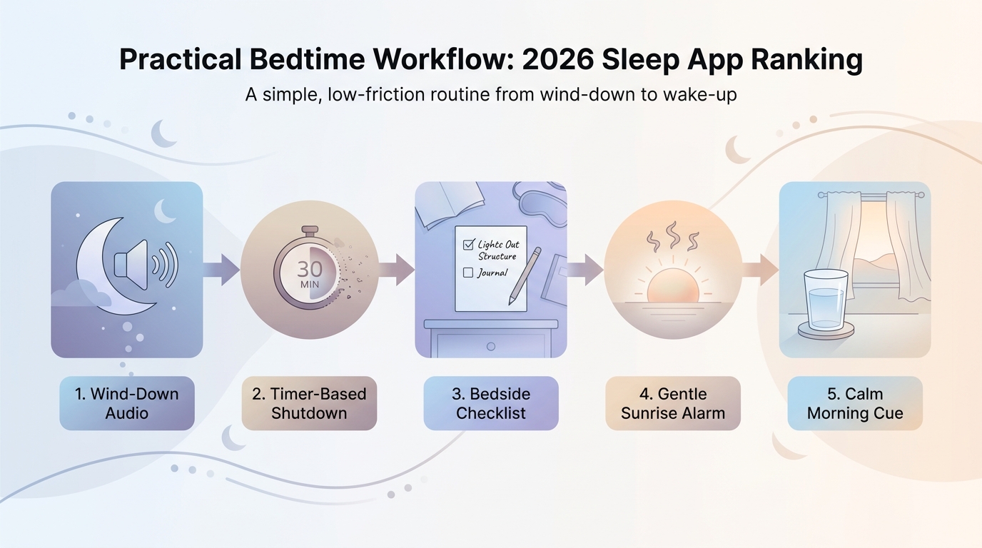 A bedtime workflow diagram showing how an audio-led sleep app helps users wind down, fall asleep, and wake up more calmly. A bedtime workflow diagram showing how an audio-led sleep app helps users wind down, fall asleep, and wake up more calmly.