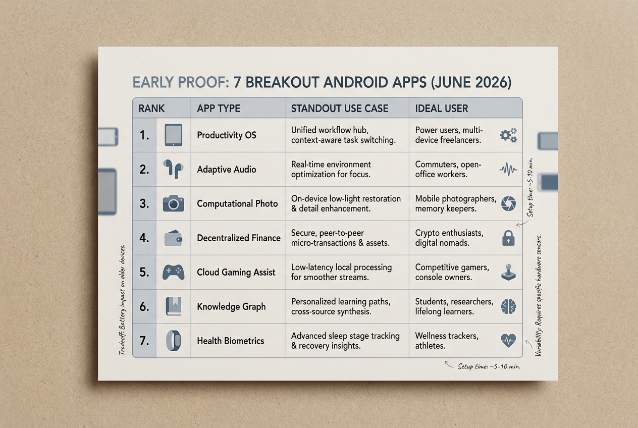 Comparison table of seven breakout Android apps in June 2026 ranked by use case and ideal user. Comparison table of seven breakout Android apps in June 2026 ranked by use case and ideal user.