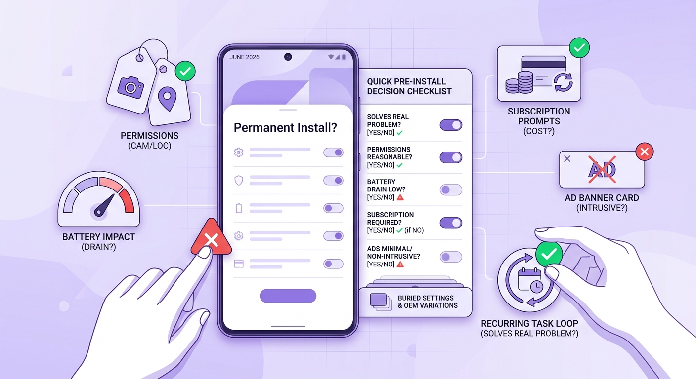 Checklist for evaluating an Android app before keeping it installed, including permissions, battery use, and subscription prompts. Checklist for evaluating an Android app before keeping it installed, including permissions, battery use, and subscription prompts.