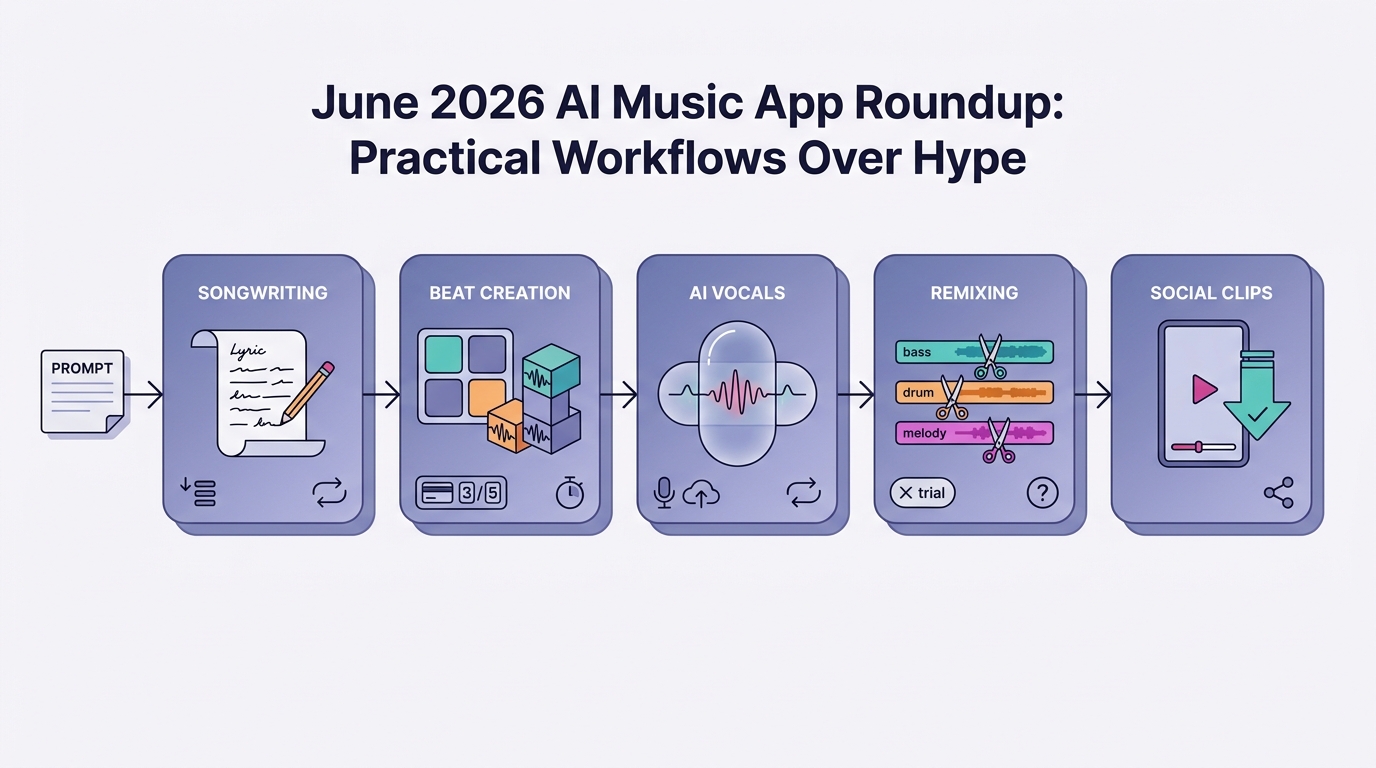 Timeline showing how different AI music apps fit different creator workflows from prompt to export.