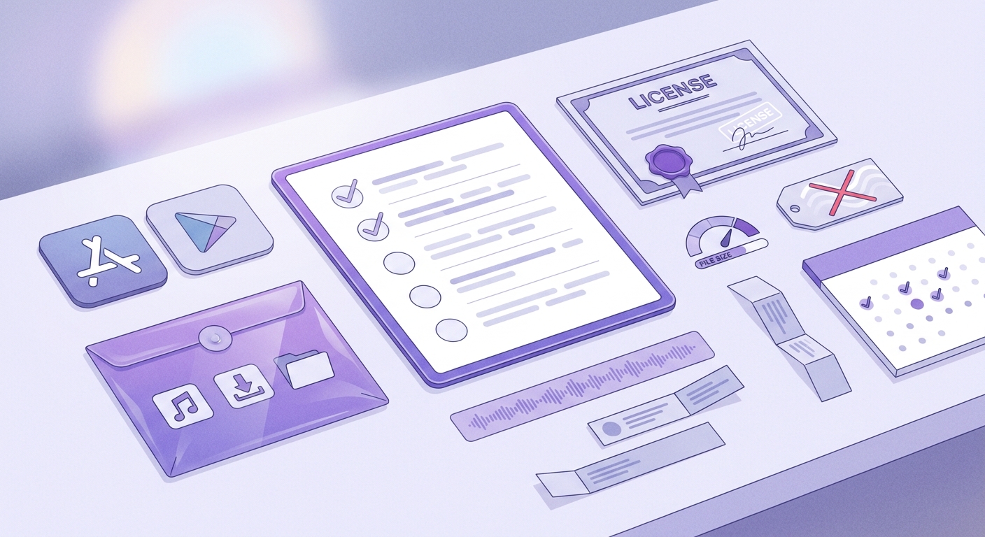 Checklist for checking licensing, export limits, update history, and store availability before downloading an AI music app.