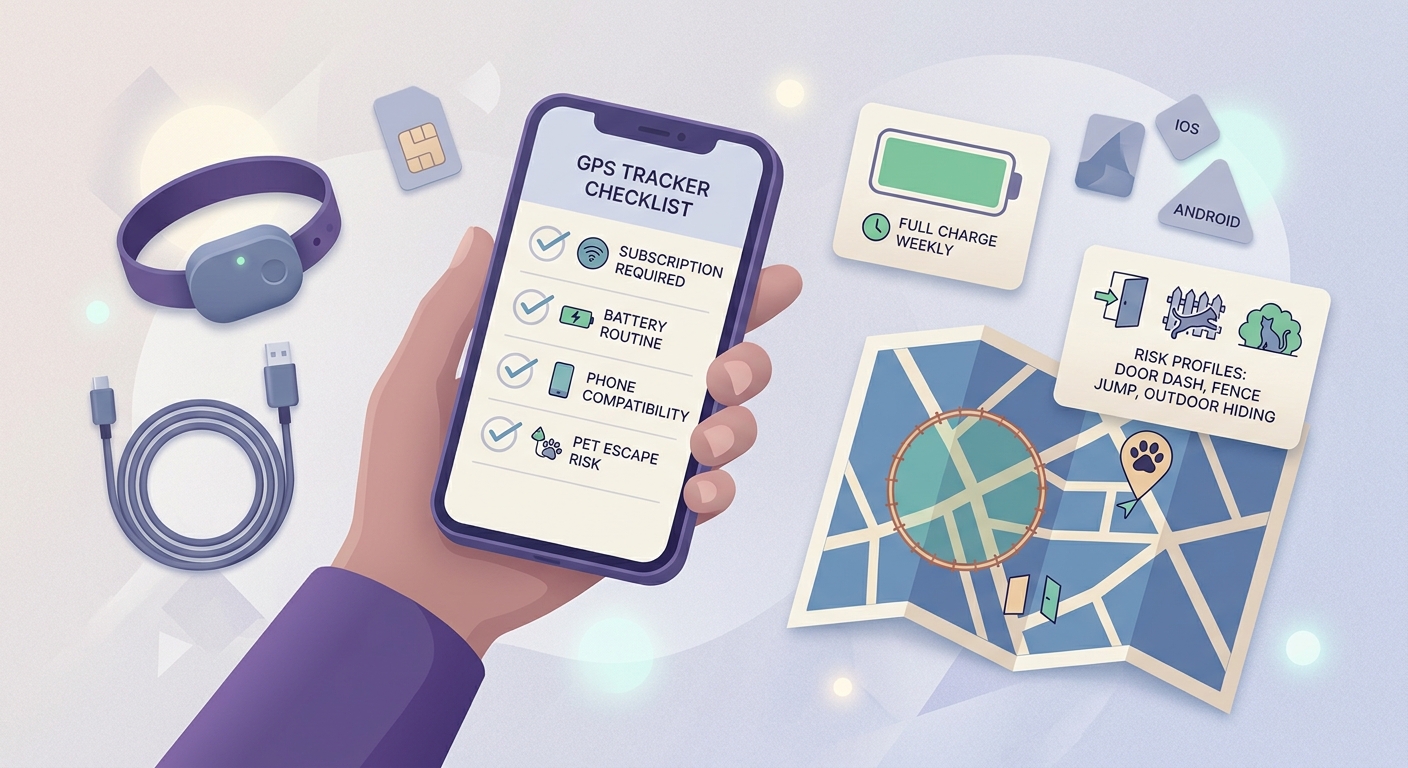 Checklist for choosing a GPS pet tracking app, including subscription, battery routine, phone compatibility, and escape-risk fit. Checklist for choosing a GPS pet tracking app, including subscription, battery routine, phone compatibility, and escape-risk fit.