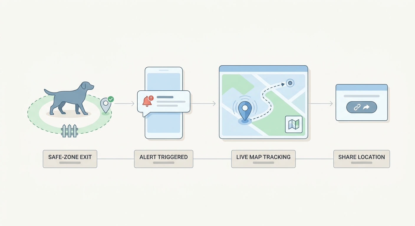 Diagram of geofence alert flow for a GPS pet tracking app, from boundary exit to alert and live map response. Diagram of geofence alert flow for a GPS pet tracking app, from boundary exit to alert and live map response.