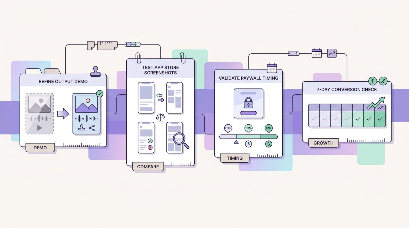 A launch timeline for AI remix apps with steps for demo refinement, screenshot testing, paywall validation, and a seven-day conversion audit.