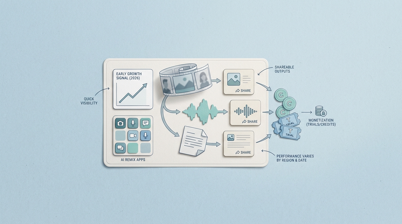 A benchmark callout summarizing AI remix app signals on the App Store, including fast visibility, shareable outputs, and monetization patterns.