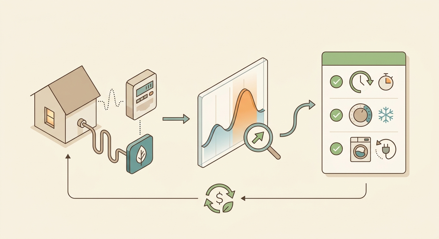 Process diagram showing how a home energy app helps a user spot usage patterns and make one easy energy-saving change.