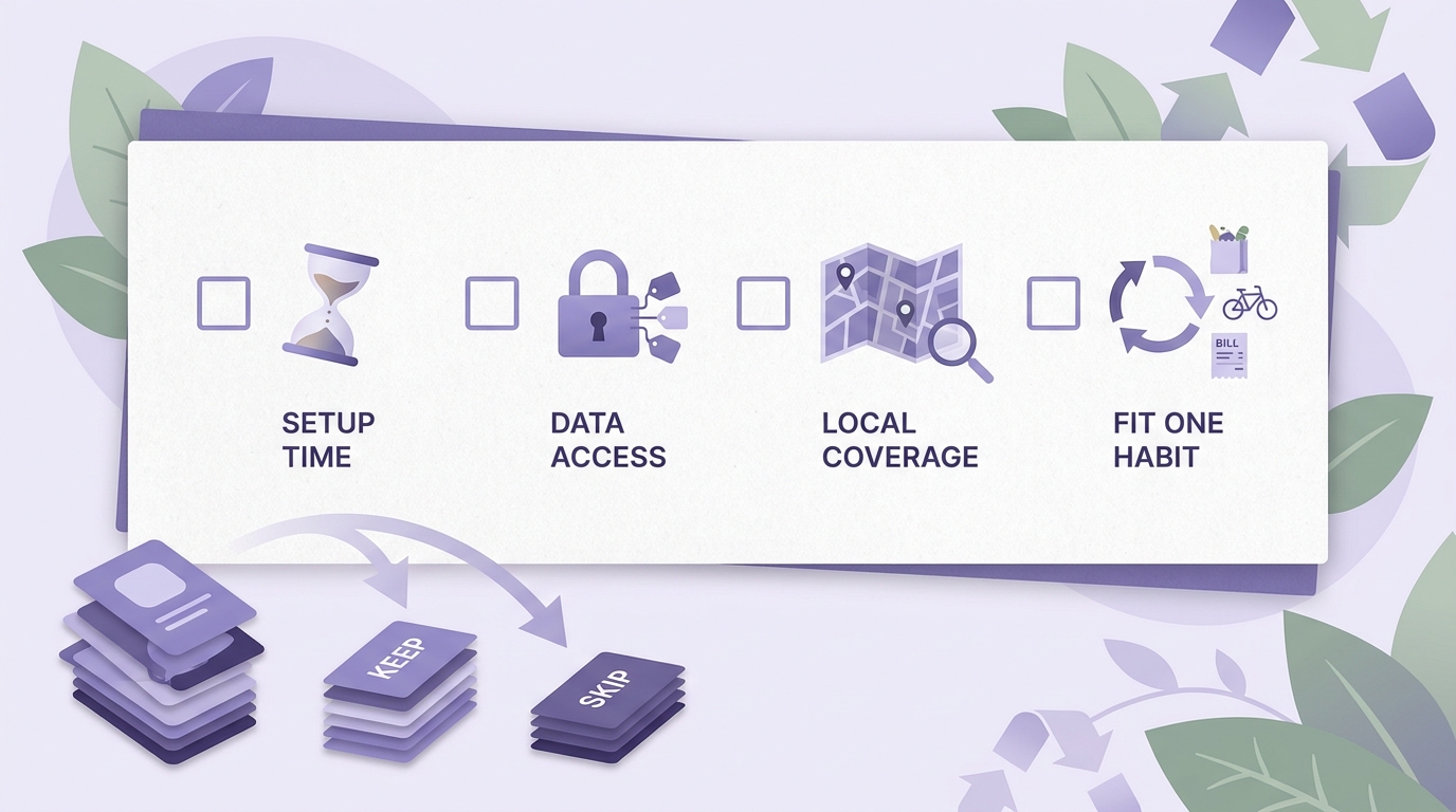 Checklist for choosing an eco-friendly living app based on setup effort, data needs, and fit with daily habits.
