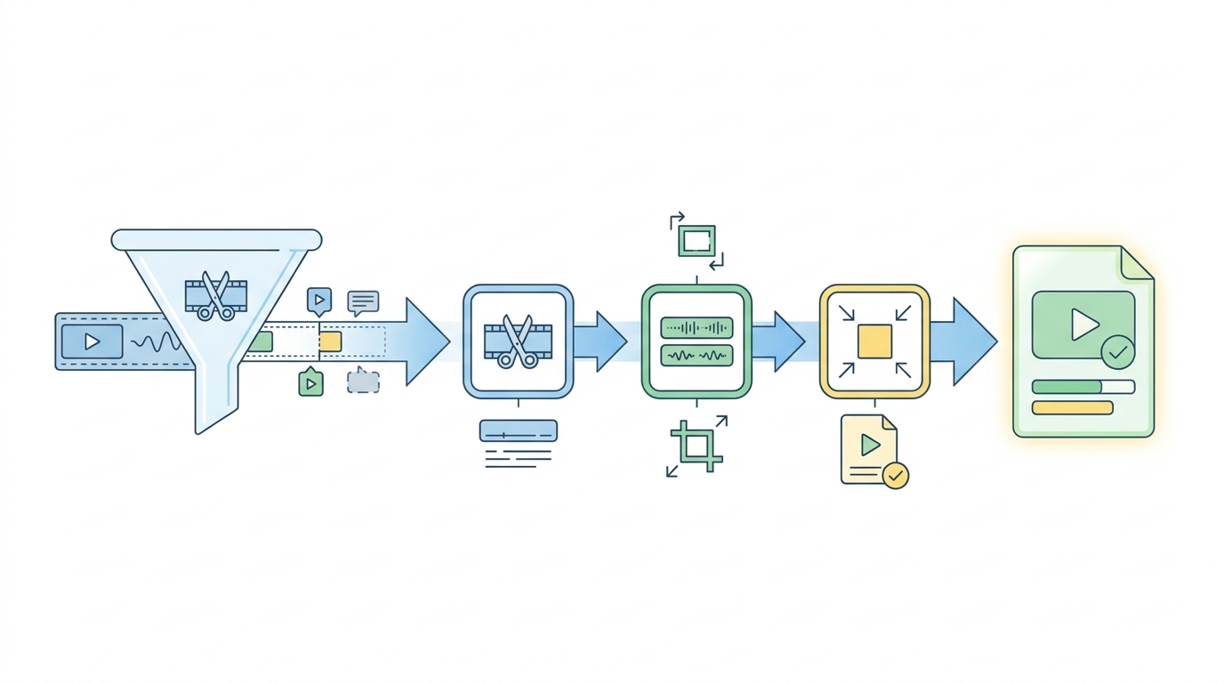 Workflow diagram of raw video becoming a polished clip through AI trimming, captions, reframing, and export.