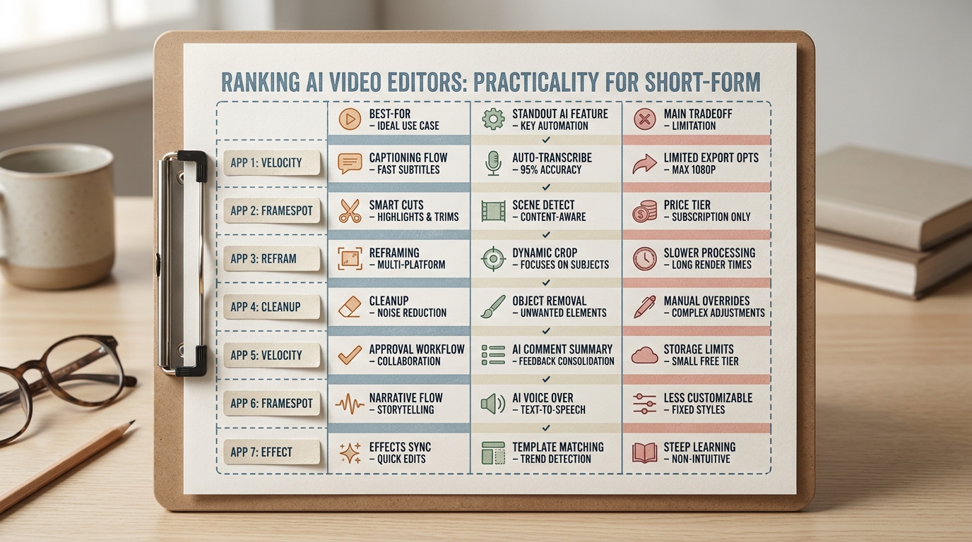 Comparison grid of seven AI video editing apps with best-for, standout AI feature, and key limitation.