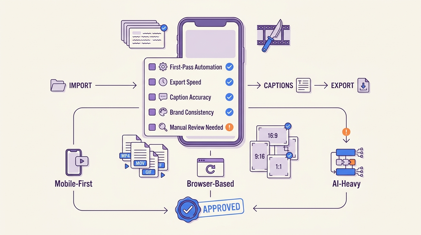 Checklist for choosing an AI video editing app based on platform, export speed, captions, and workflow needs.